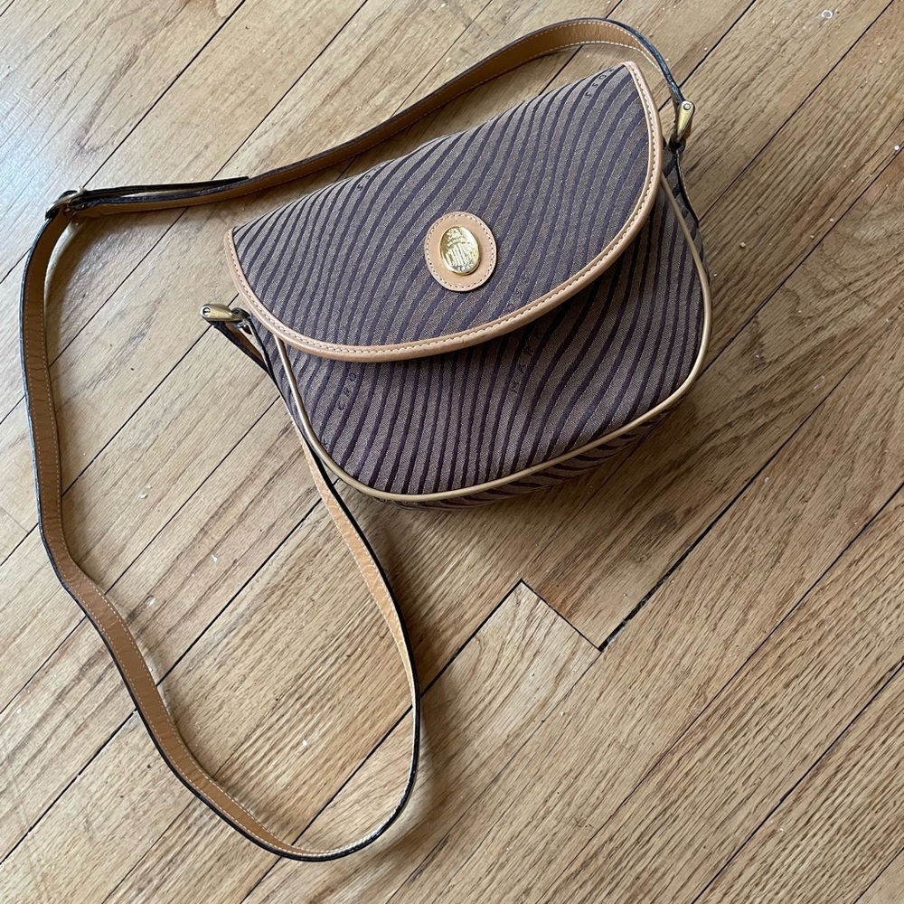 Mark Cross beige and purple canvas saddle bag